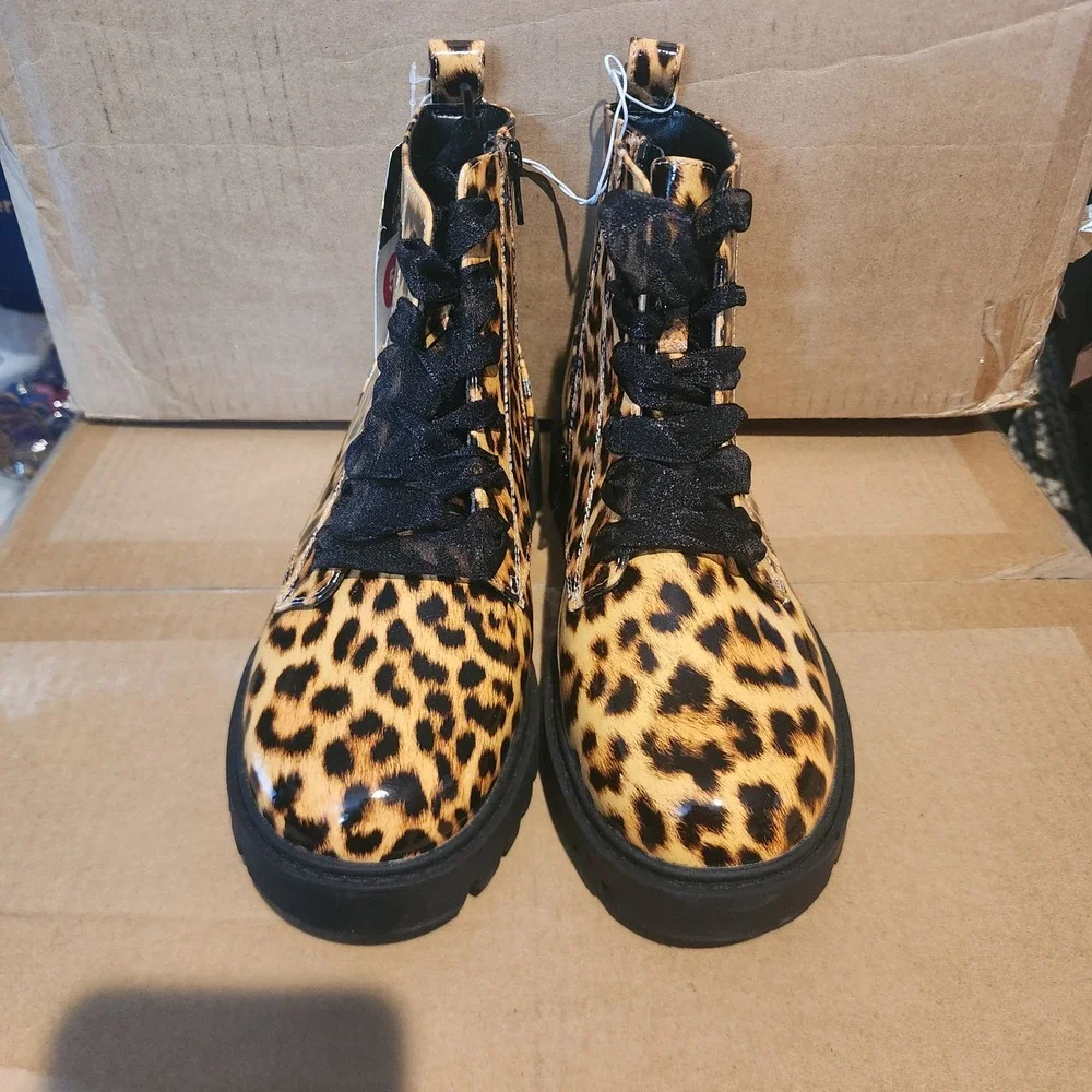 Art Class Girls Leopard Print Patent Combat Boots Side Zip Size 5 Big Kids NEW